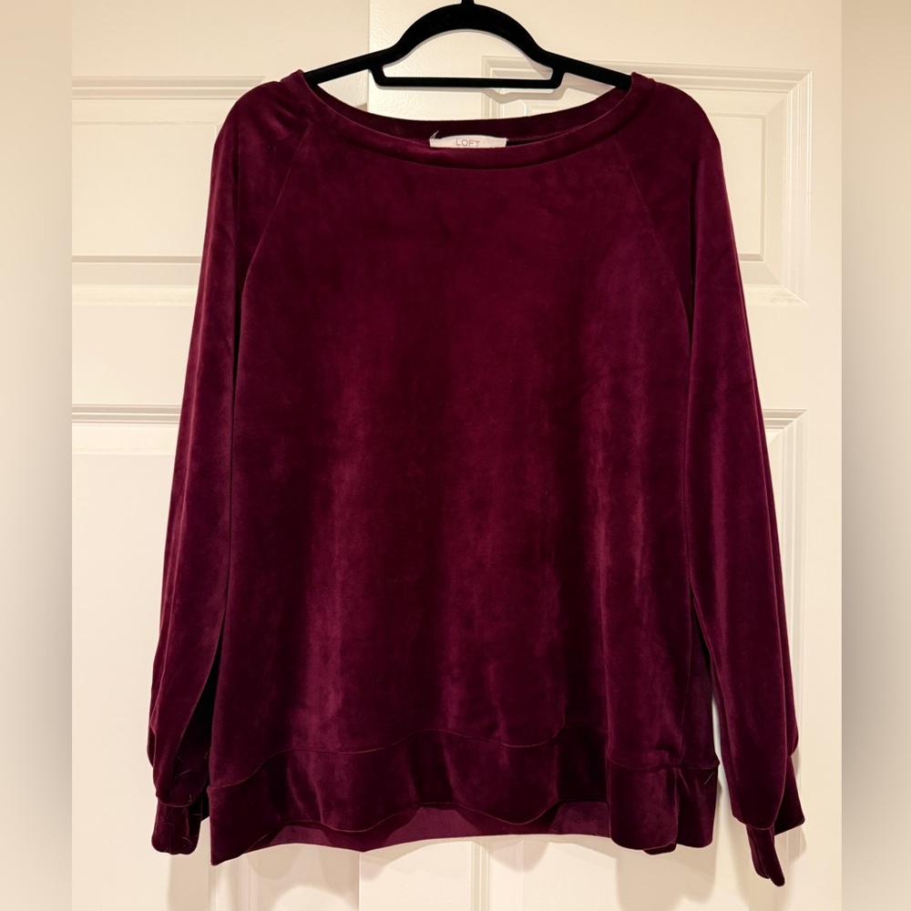 LOFT Deep Red Velvet Crew Neck Top Size L